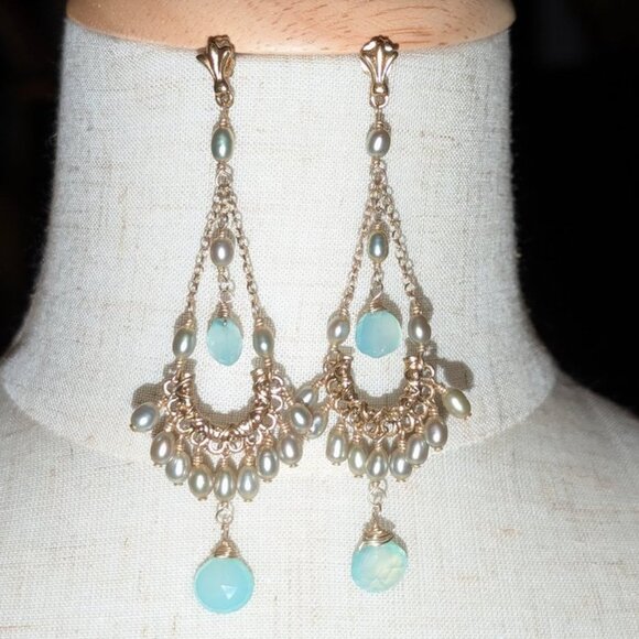 Drop Dangle Chandelier Aqua Marine Pearl 420 Silver Covered 14K Gold Earrings - Picture 1 of 4